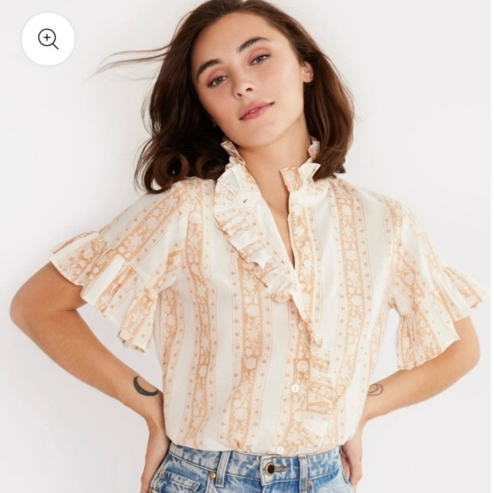 Mille Vanessa Ruffled Cream and Tan Blouse Size M